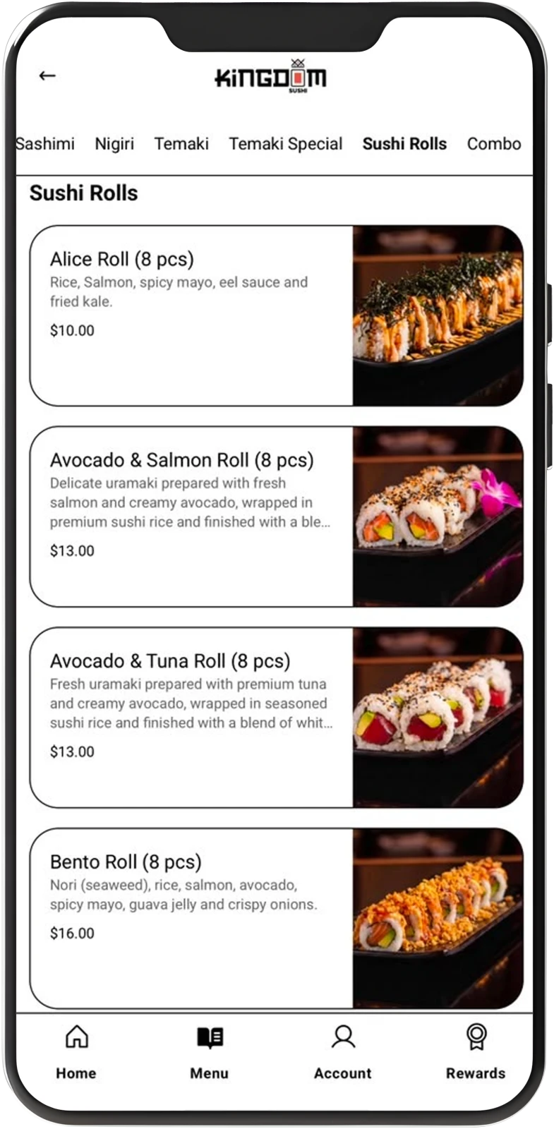 Kingdom Sushi app on a smartphone, showing the sushi rolls menu