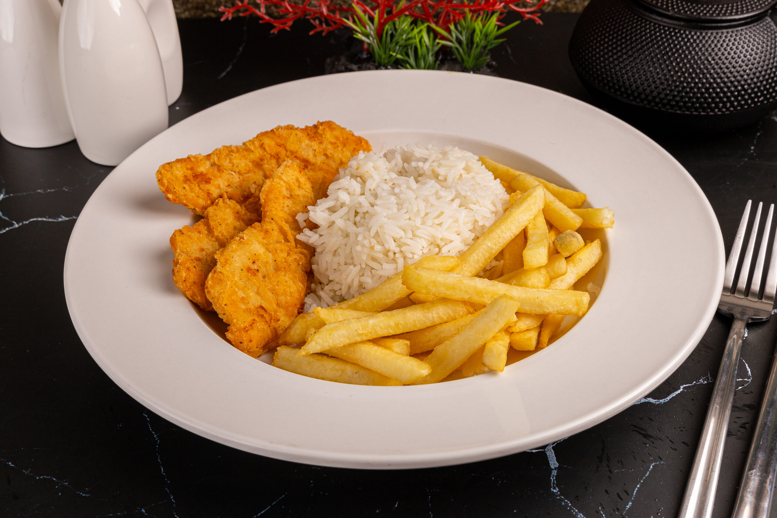 BREADED CHICKEN, FRIES AND RICE