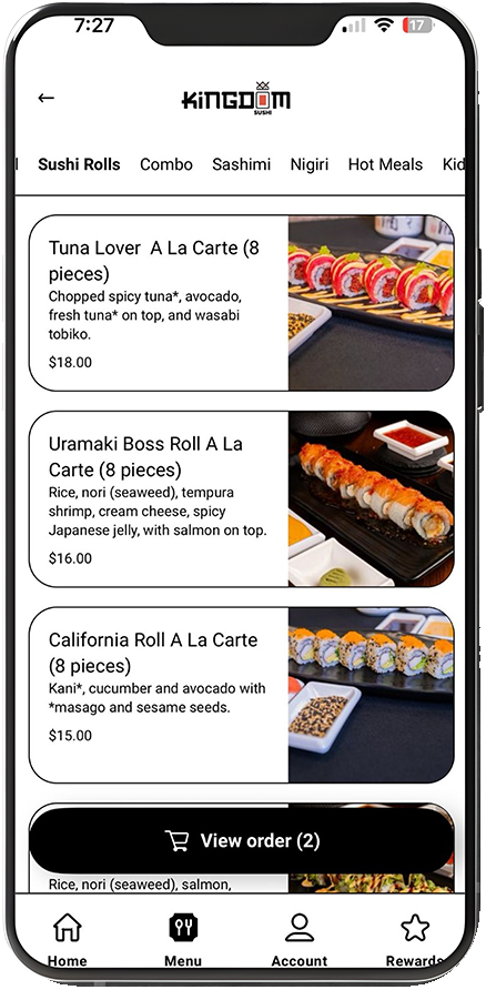 Kingdom Sushi mobile app mockup showing easy online ordering and rewards system