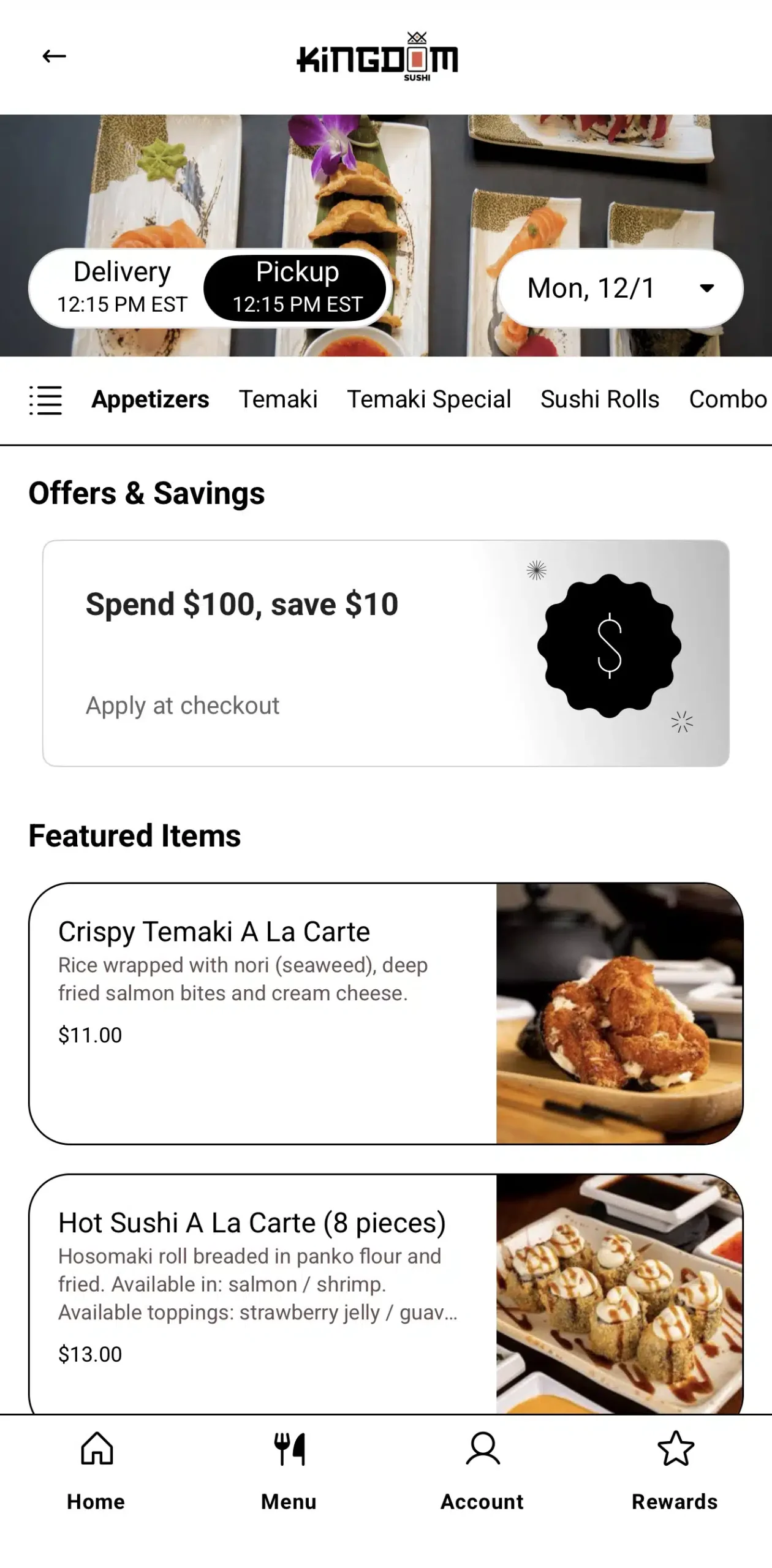 Kingdom Sushi App — order screen