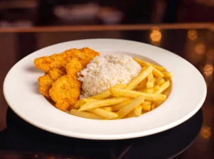 Breaded Chicken, Fries and Rice