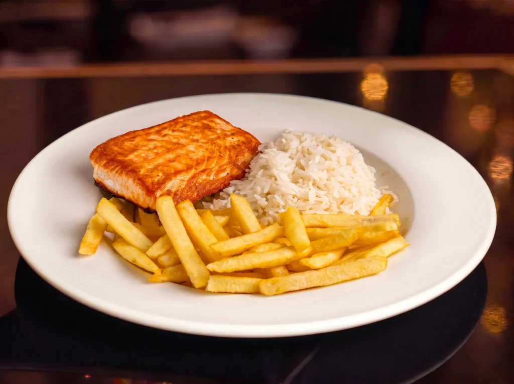 Grilled Salmon, Fries and Rice - Premium Japanese Cuisine at Kingdom Sushi