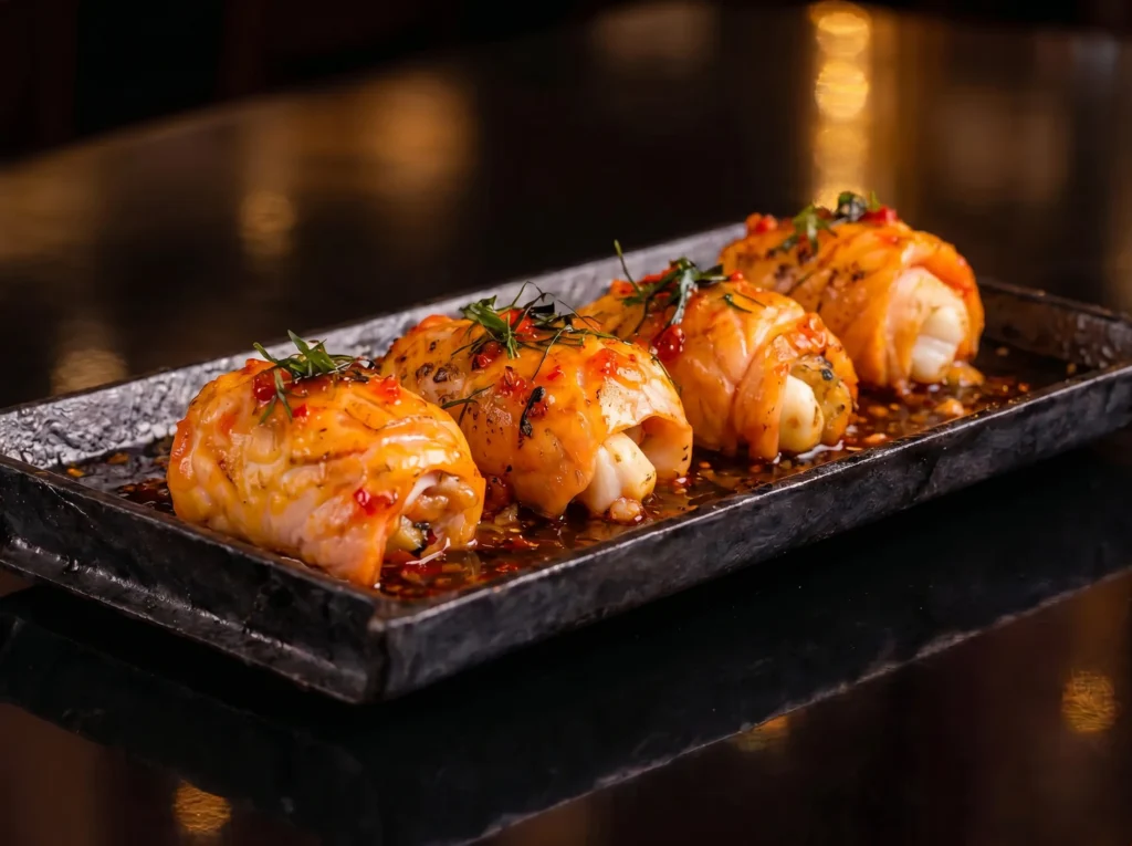 Gunka Ebi Crispy at Kingdom Sushi, shrimp wrapped rolls glazed with sweet chili sauce and fresh herbs, plated on a dark hammered tray with chili-soy sauce