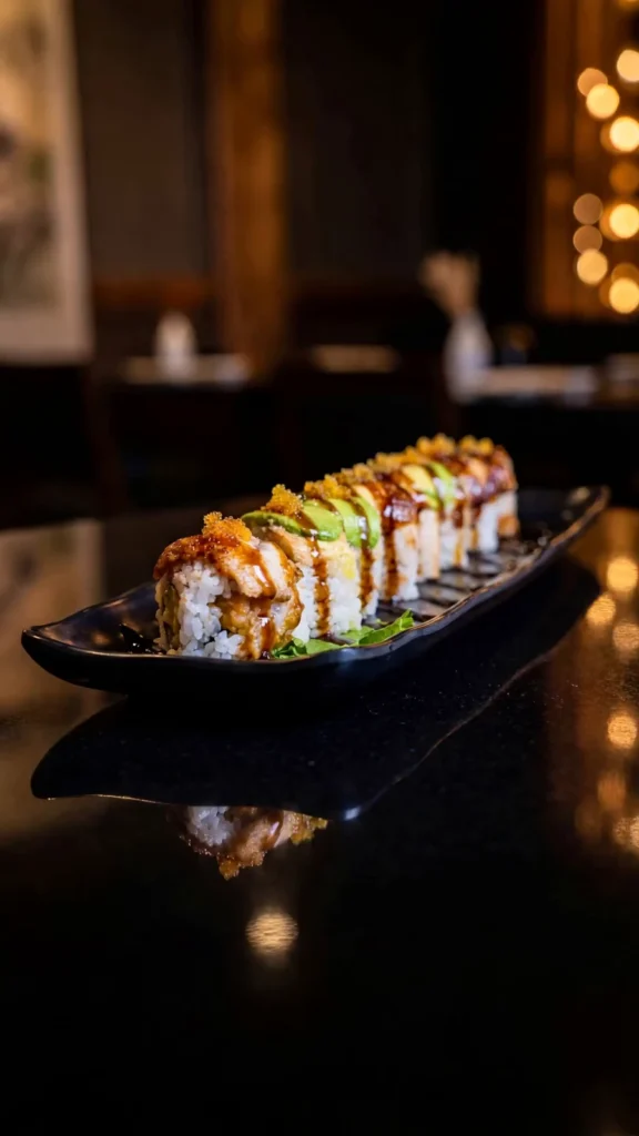 Dragon Roll at Kingdom Sushi — crispy rice topped with eel, avocado and tobiko