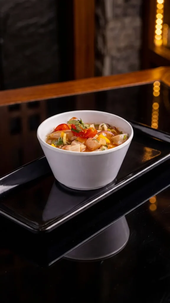 Fresh ceviche at Kingdom Sushi served in a white bowl on a black plate, with shrimp, peppers, tomatoes, and herbs in a citrus broth