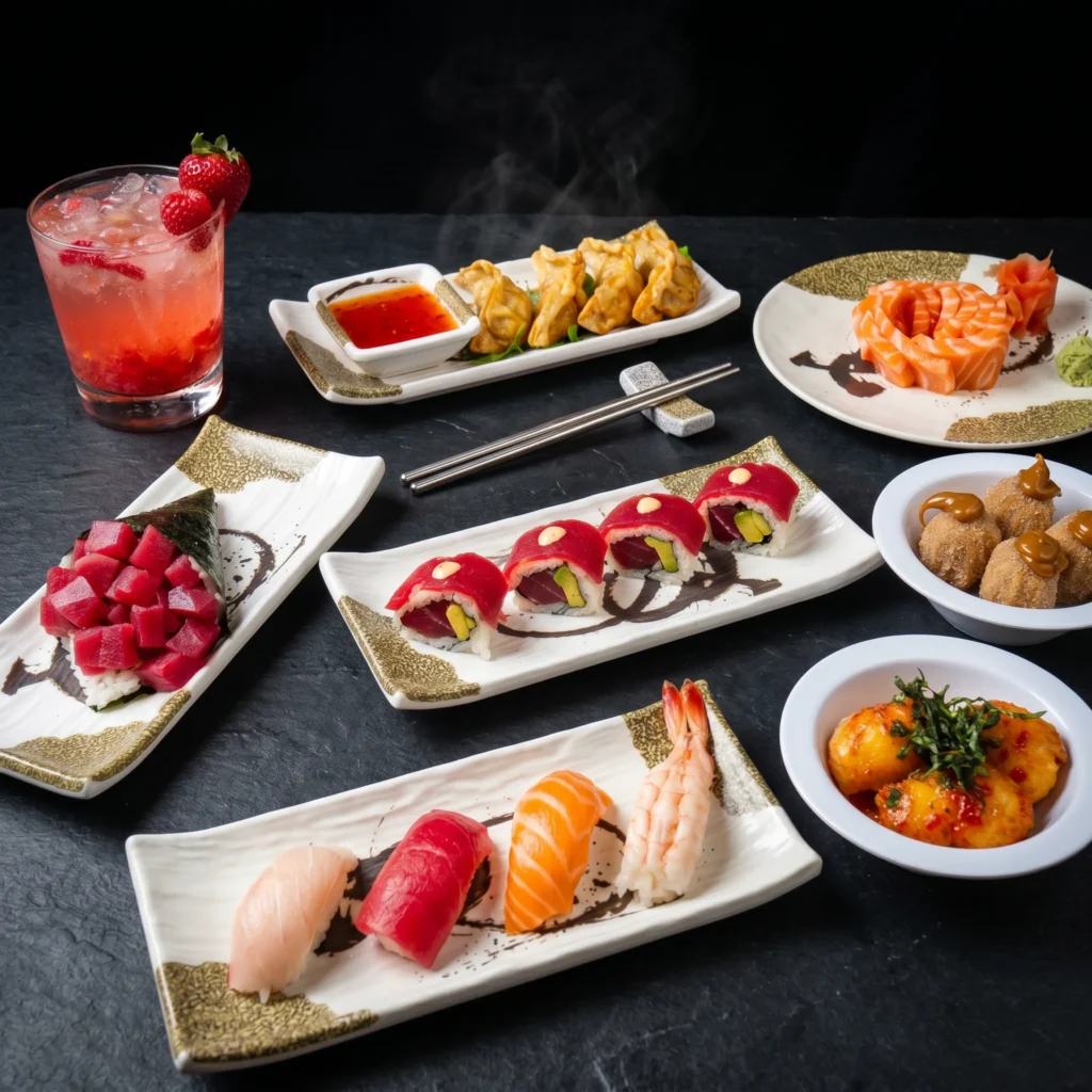 Kingdom Sushi All You Can Eat Premium menu spread featuring sushi rolls, nigiri, gyoza, salmon sashimi, fried appetizers, and a strawberry cocktail on a dark slate surface