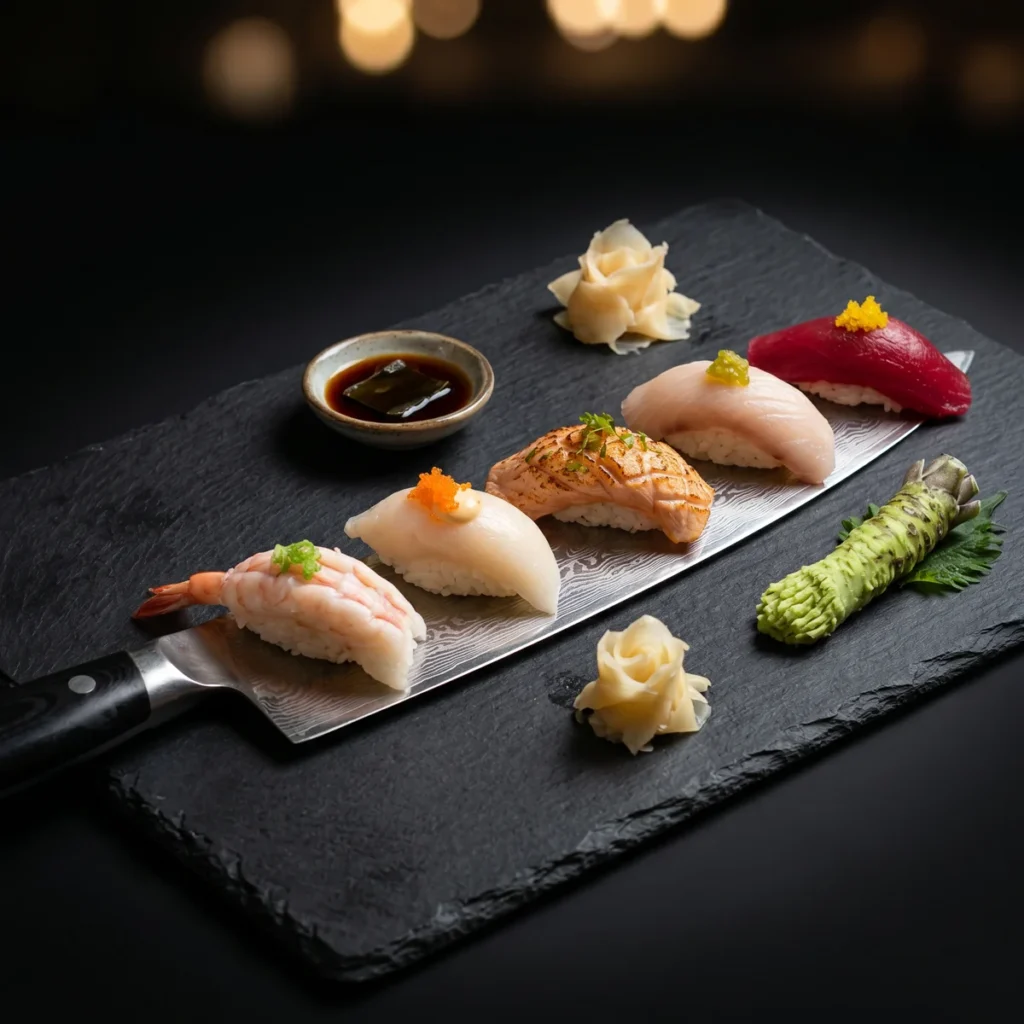 Fresh nigiri sushi platter at Kingdom Sushi featuring shrimp, salmon, white fish, and tuna nigiri served on a dark slate board with soy sauce, wasabi, and pickled ginger