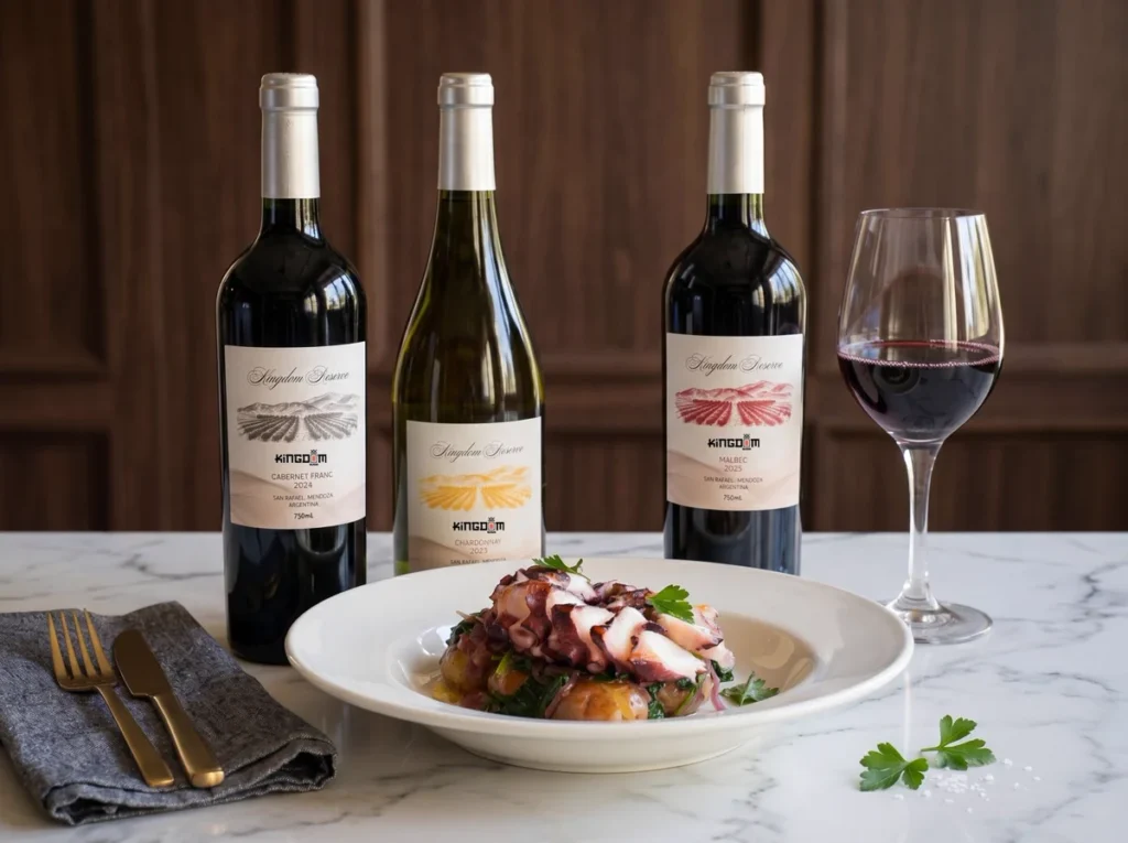 Kingdom Reserve wines — Cabernet Franc, Chardonnay and Malbec — paired with an octopus dish at Kingdom Sushi