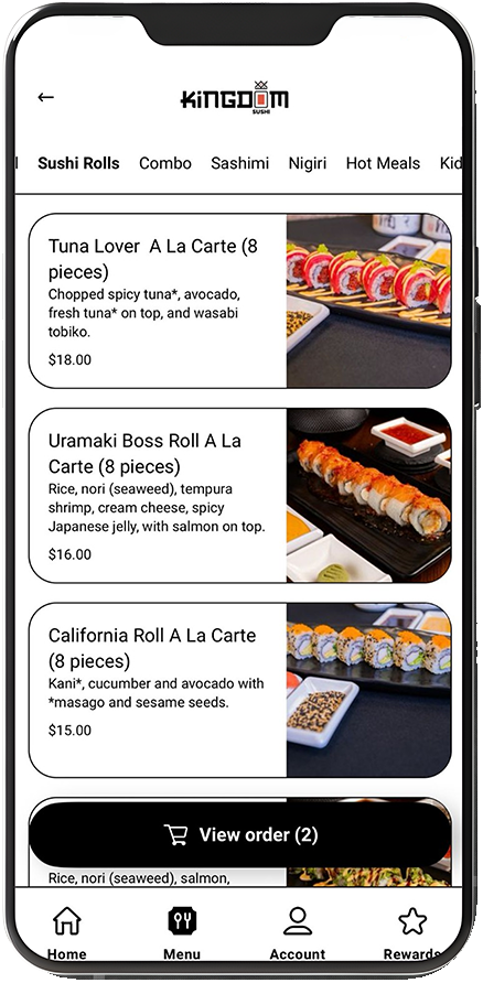 Kingdom Sushi mobile app mockup showing easy online ordering and rewards system