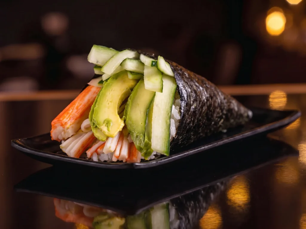 California Temaki at Kingdom Sushi, a nori hand roll filled with crab stick, avocado and cucumber over sushi rice on a black plate
