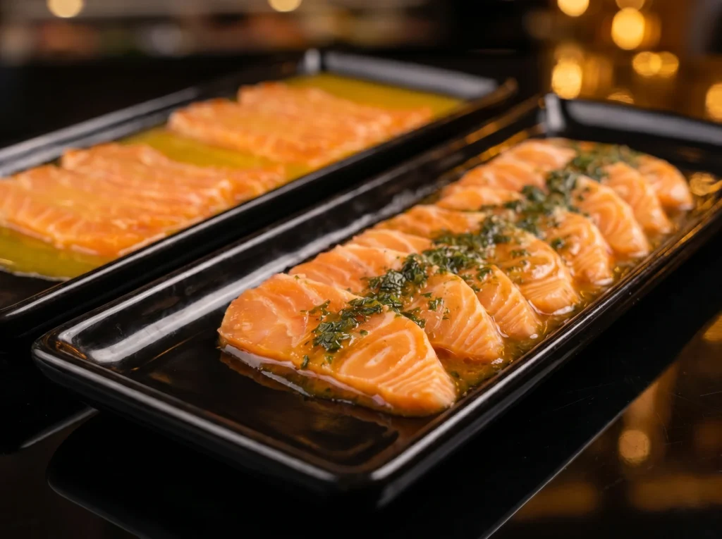 Salmon carpaccio at Kingdom Sushi, thin slices of fresh salmon fanned across black rectangular plates and topped with herbs and citrus dressing