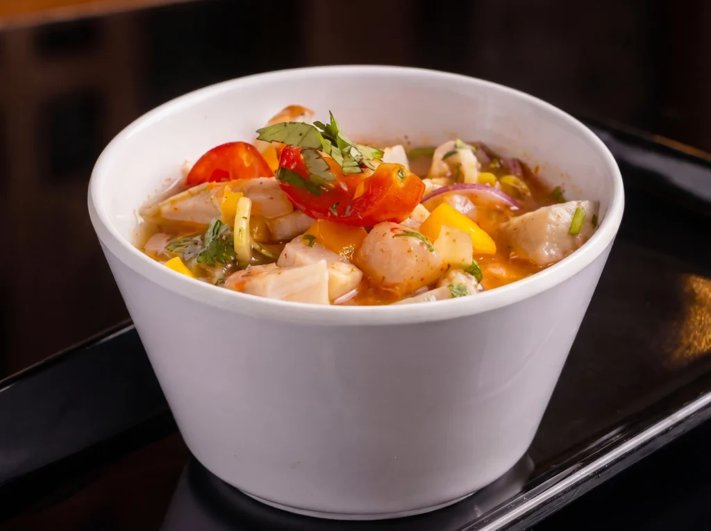 Ceviche at Kingdom Sushi in a white bowl with diced white fish, cherry tomatoes, yellow pepper, red onion and cilantro in a citrus broth