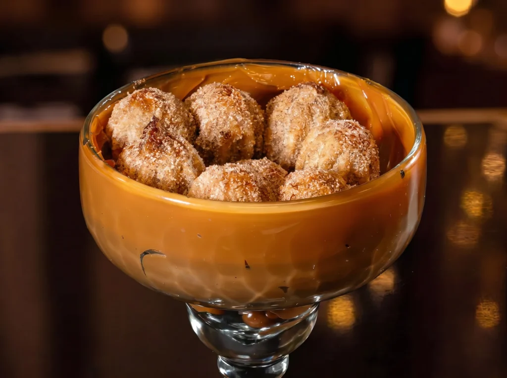 Churros at Kingdom Sushi, sugar-coated fried dough bites served in a footed glass over a pool of dulce de leche caramel
