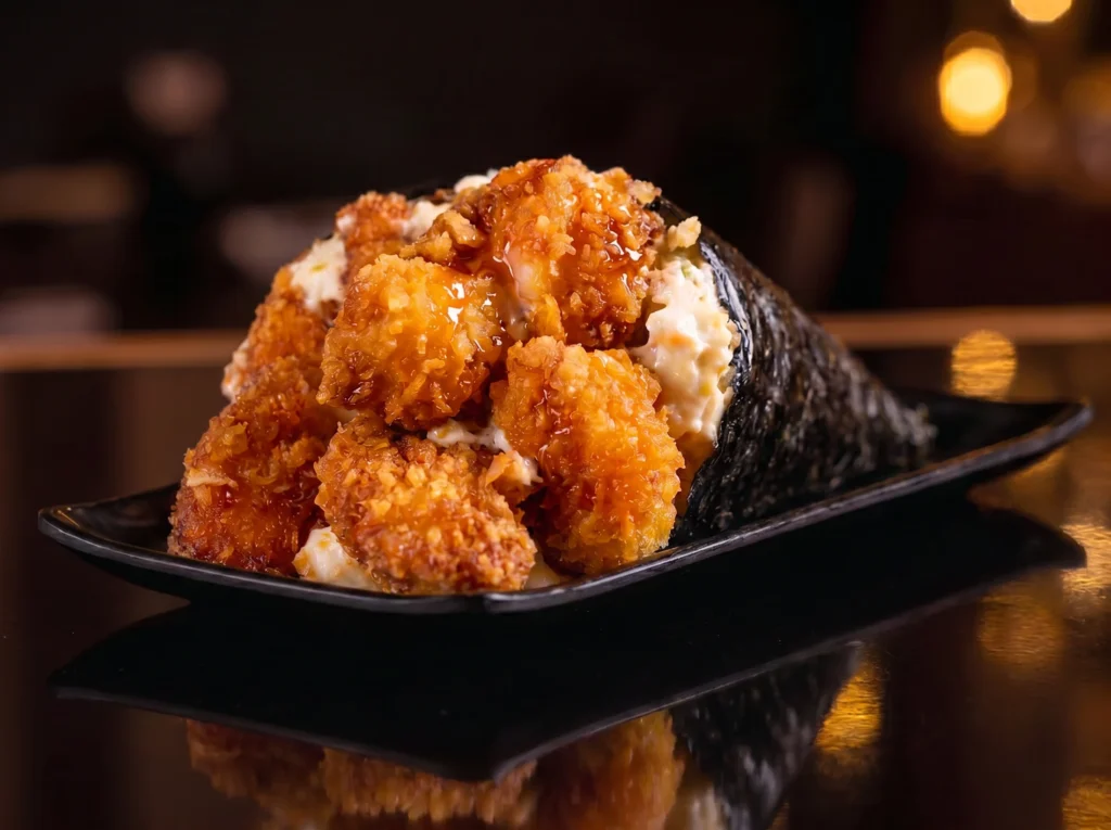 Crispy Temaki at Kingdom Sushi, a nori hand roll overflowing with golden crispy shrimp, creamy filling and sweet glaze on a black plate