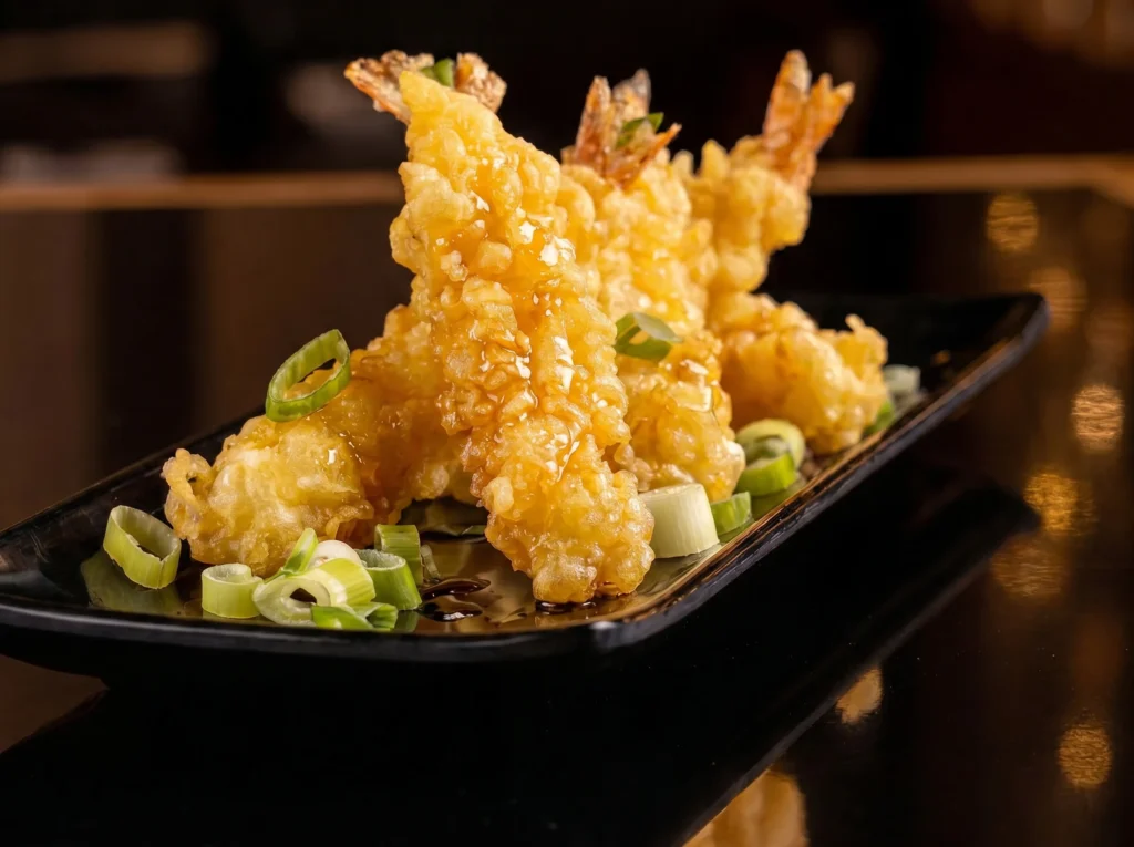 Golden crispy ebi shrimp tempura at Kingdom Sushi arranged upright on a black plate, drizzled with sweet soy glaze and topped with fresh scallions