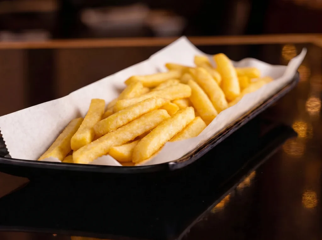 Golden French fries at Kingdom Sushi served on white parchment paper in a black boat-shaped dish, crisp and lightly salted