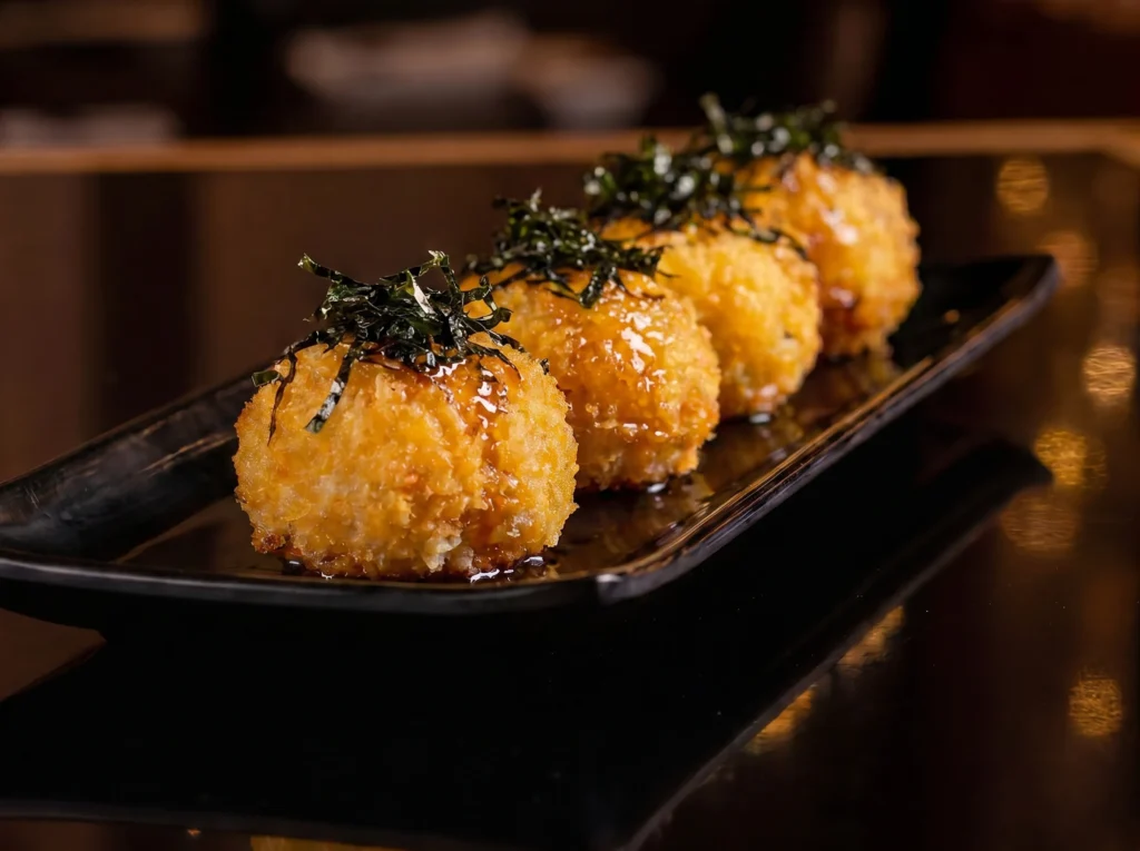 Gunka By Kingdom at Kingdom Sushi, crispy breaded rice bites glazed with sweet sauce and topped with shredded nori, lined up on a black plate