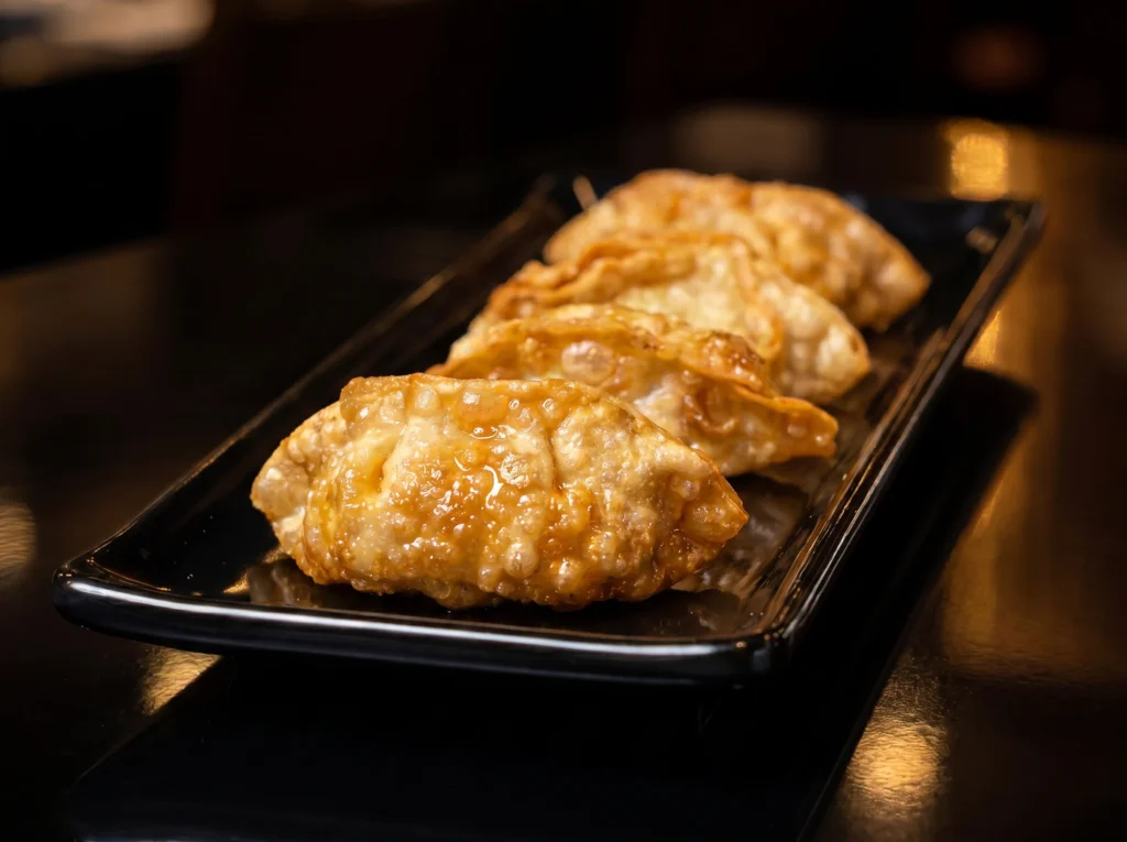 Golden pan-fried gyoza dumplings at Kingdom Sushi lined up on a long black plate, crispy edges glistening under warm light