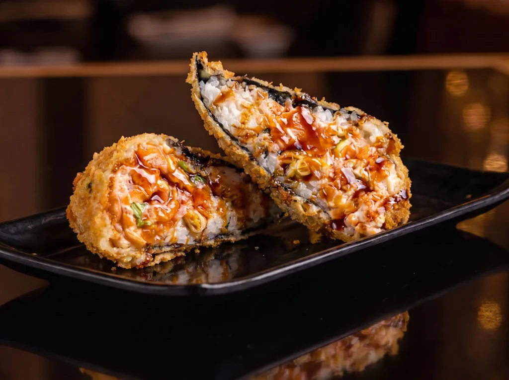 Hot Temaki at Kingdom Sushi, a deep-fried sushi roll cut in two showing salmon, rice and creamy filling, drizzled with sweet soy and spicy sauces