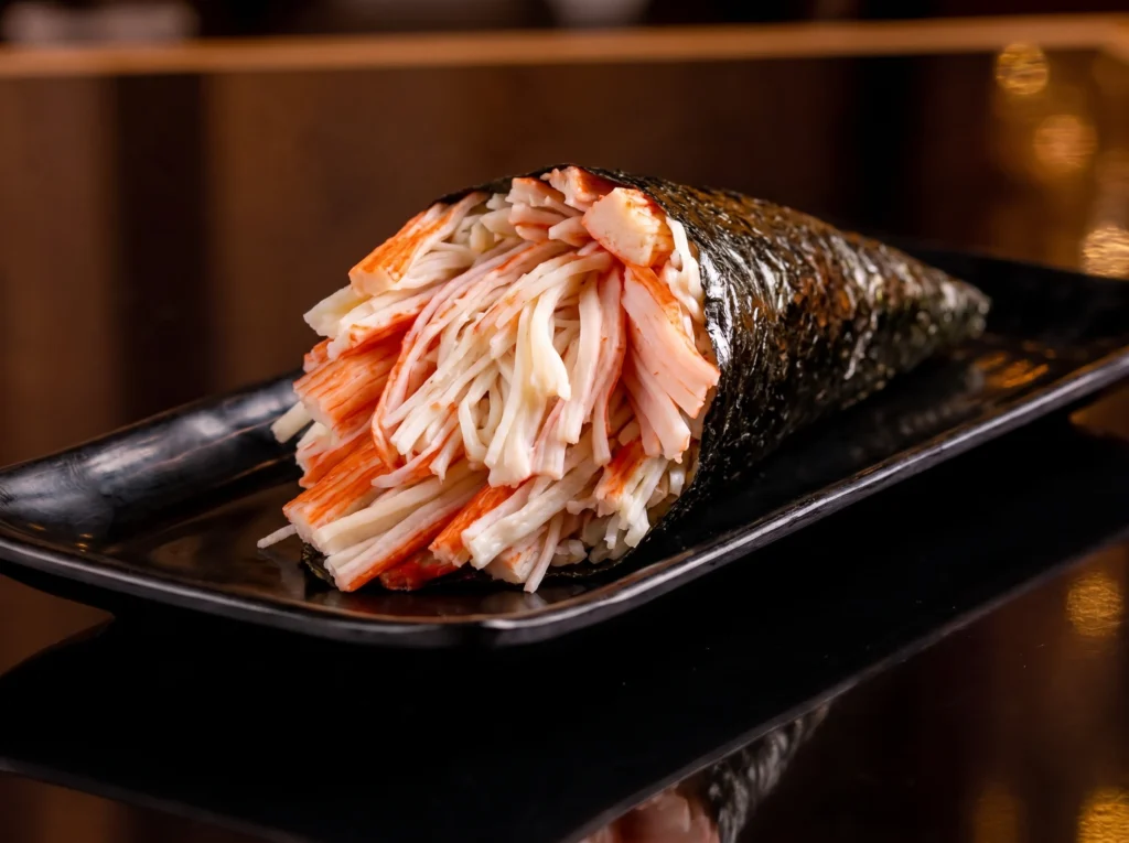 Kanikama temaki hand roll at Kingdom Sushi with shredded crab stick spilling from a crisp nori cone, served on a black plate