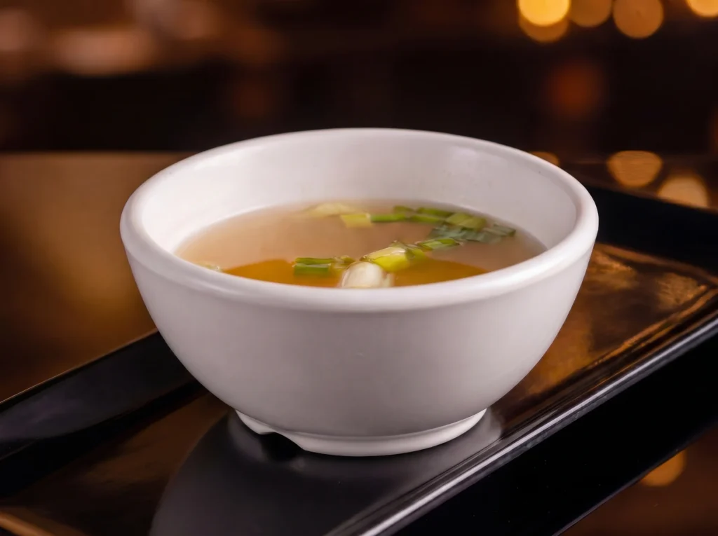 Bowl of miso soup (missoshiro) at Kingdom Sushi with floating scallions in a warm golden broth, served in a white bowl on a black tray