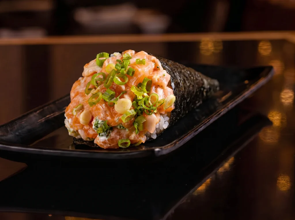 Philadelphia temaki at Kingdom Sushi with creamy salmon and cream cheese topped with scallions, spilling from a nori cone on a black plate