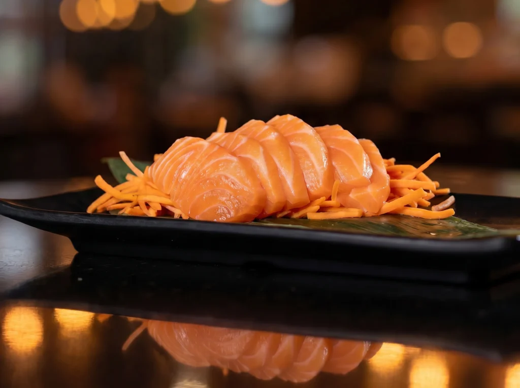 Salmon sashimi at Kingdom Sushi, fanned slices of fresh salmon over shredded carrots and a green leaf on a black plate
