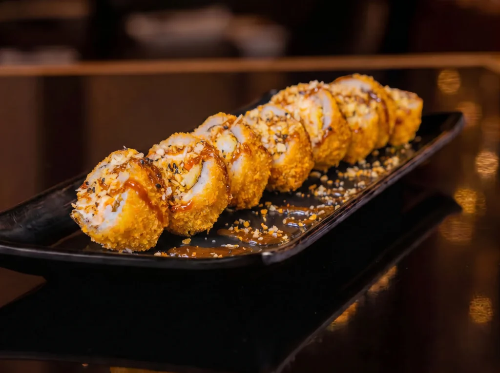 Crispy panko-breaded Samurai Tempura roll at Kingdom Sushi, sliced and lined on a black plate, drizzled with sweet brown sauce and crushed nut topping