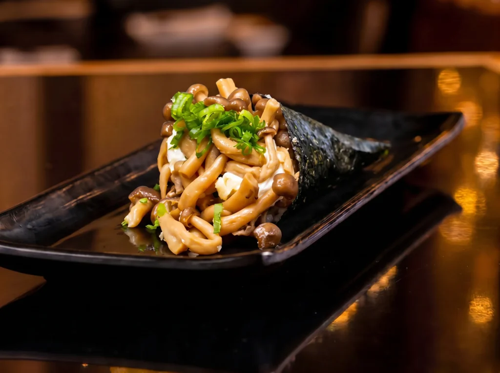 Shimeji Temaki hand roll at Kingdom Sushi wrapped in crisp nori, filled with shimeji mushrooms and cream cheese, topped with scallions on a black plate