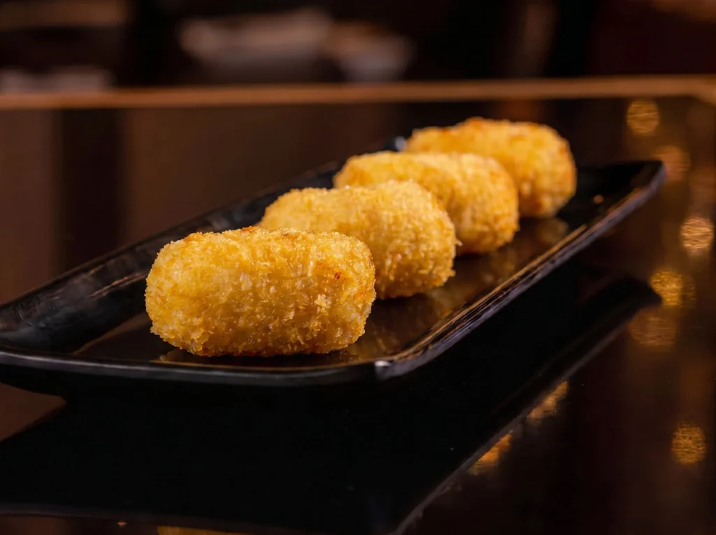 Four golden breaded Shrimp Coxinha croquettes at Kingdom Sushi lined up on a long black plate with a crisp panko crust
