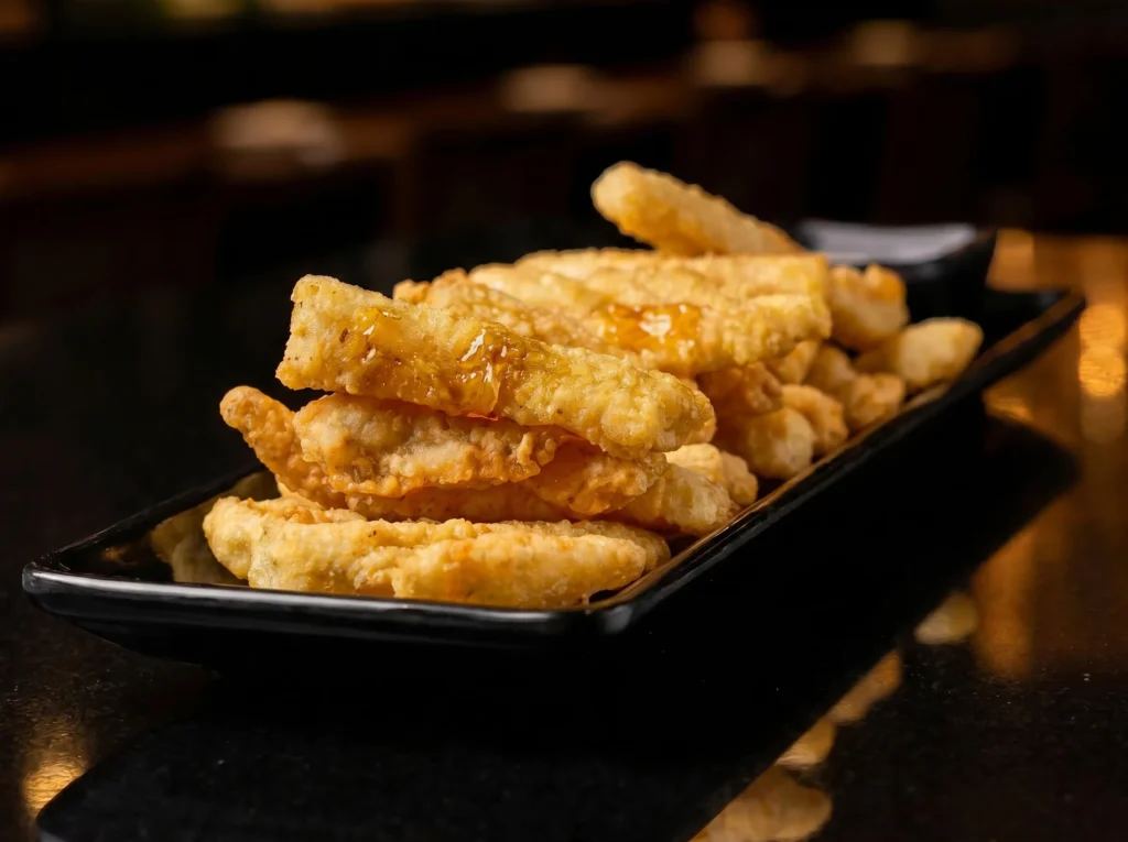 Golden tempura-battered tilapia bites at Kingdom Sushi stacked on a black rectangular plate, glazed with a glossy sweet sauce