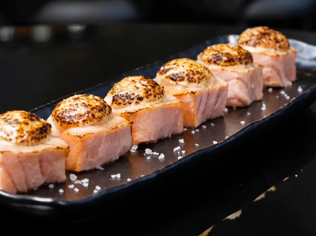 Truffle Salmon Bites at Kingdom Sushi, seared salmon blocks topped with torched creamy sauce and sea salt on a black plate