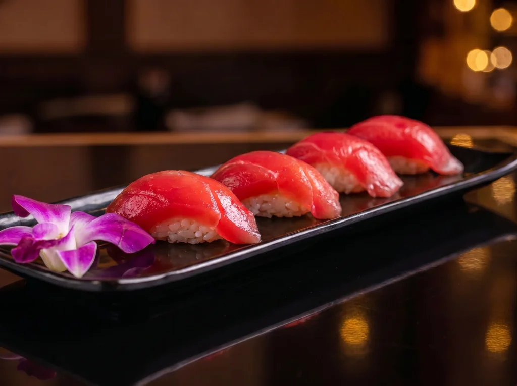 Four pieces of tuna nigiri at Kingdom Sushi, ruby-red tuna draped over sushi rice on a black plate with a purple orchid