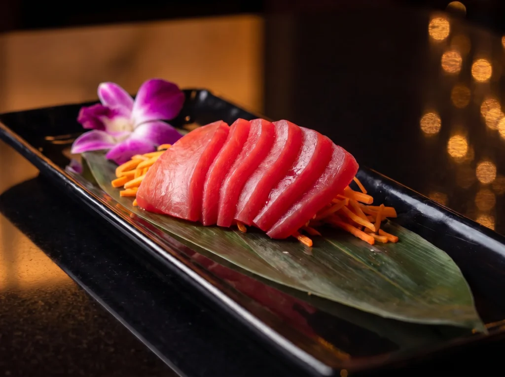 Tuna sashimi at Kingdom Sushi, fanned ruby-red slices over shredded carrots on a banana leaf with a purple orchid on a black plate