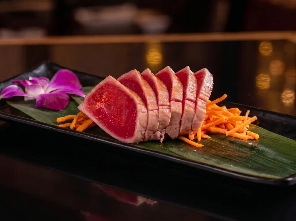 Tuna tataki sashimi at Kingdom Sushi, seared-edge slices with red centers over shredded carrots on a banana leaf with an orchid