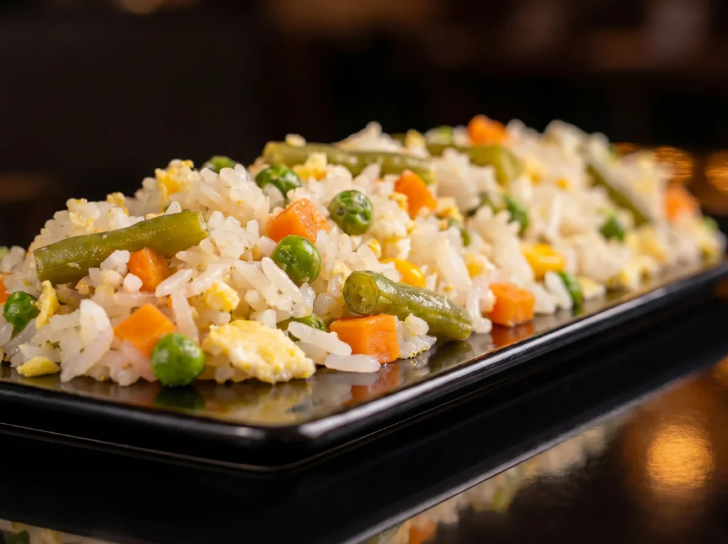 Yakimeshi fried rice at Kingdom Sushi with egg, peas, diced carrots and green beans served on a black plate