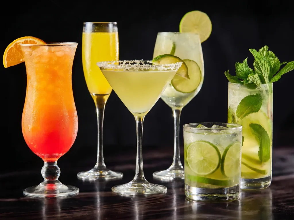 Signature cocktails at Kingdom Sushi — margarita, mojito and citrus drinks garnished with lime, orange and mint