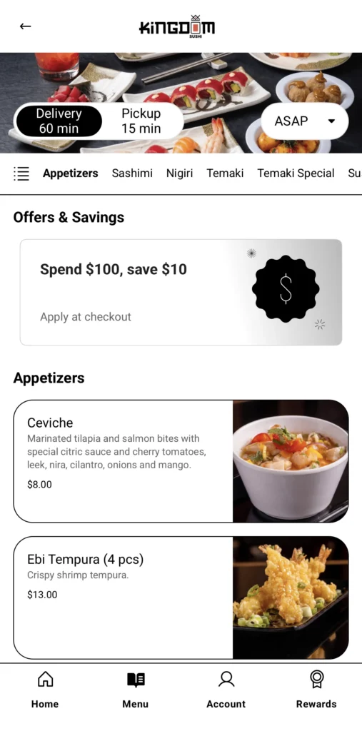 Kingdom Sushi App — menu and ordering screen