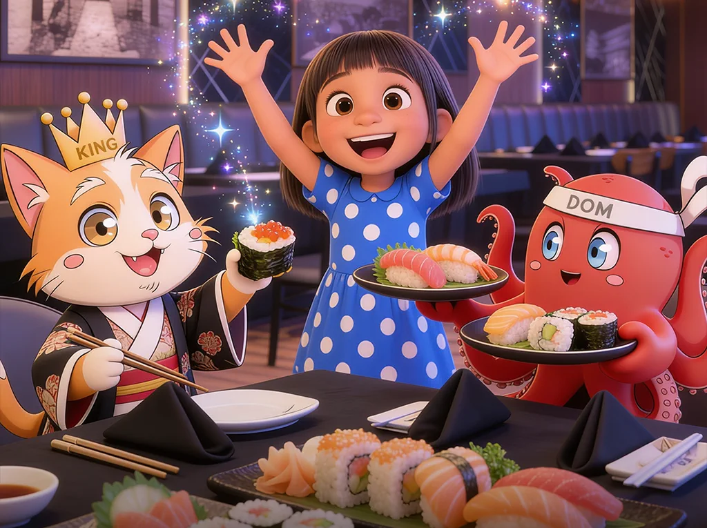 Smiling girl at a Kingdom Sushi table with the King cat and Dom octopus mascots holding plates of kids sushi