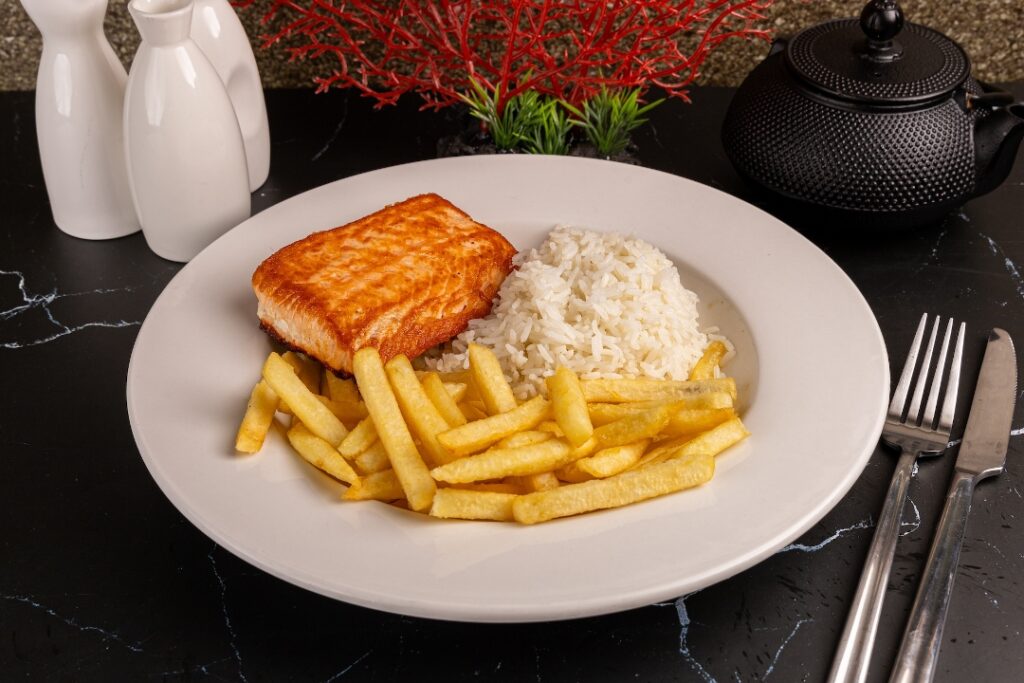 Grilled Salmon, Fries and Rice - Premium Japanese Cuisine at Kingdom Sushi