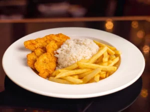 Breaded Chicken, Fries and Rice